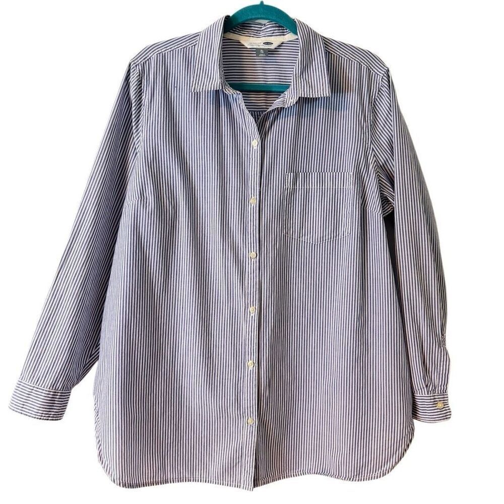 Old Navy The Tunic Shirt XL blue & white cotton thin stripe 1 pocket button up s